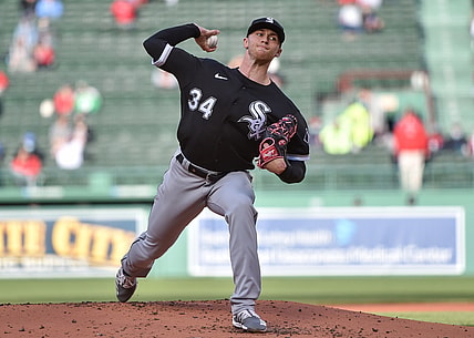 Apr 18, 2021; Boston, Massachusetts, USA; Chicago White Sox starting pitcher Michael Kopech (34) pitches during the first inning in game 2 against the Boston Red Sox at Fenway Park. Mandatory Credit: Bob DeChiara-USA TODAY Sports