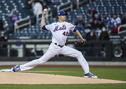 Apr 23, 2021; New York City, New York, USA; New York Mets pitcher Jacob deGrom pitches in the first inning against the Washington Nationals at Citi Field. Mandatory Credit: Wendell Cruz-USA TODAY Sports