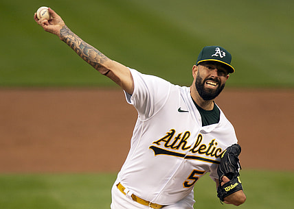 Apr 30, 2021; Oakland, California, USA; Oakland Athletics starting pitcher Mike Fiers (50) delivers a pitch against the Baltimore Orioles during the second inning at RingCentral Coliseum. Mandatory Credit: D. Ross Cameron-USA TODAY Sports