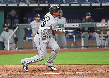 May 7, 2021; Kansas City, Missouri, USA;  Chicago White Sox first baseman Jose Abreu (79) doubles in a run during the sixth inning against the Kansas City Royals at Kauffman Stadium. Mandatory Credit: Peter Aiken-USA TODAY Sports