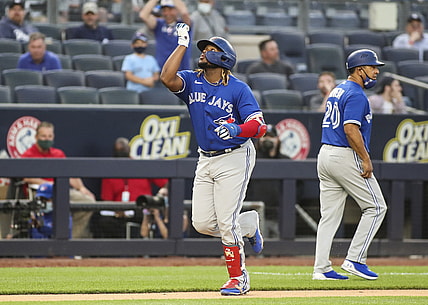 May 25, 2021; Bronx, New York, USA; Toronto Blue Jays first baseman Vladimir Guerrero Jr. (27) points to the sky after hitting a two run home in the third inning against the New York Yankees at Yankee Stadium. Mandatory Credit: Wendell Cruz-USA TODAY Sports