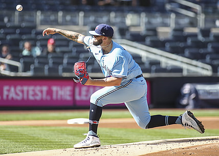 May 27, 2021; Bronx, New York, USA; Toronto Blue Jays pitcher Alex Manoah (6) pitches in the first inning against the New York Yankees at Yankee Stadium. Mandatory Credit: Wendell Cruz-USA TODAY Sports