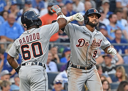 Jun 14, 2021; Kansas City, Missouri, USA; Detroit Tigers second baseman Willi Castro (9) celebrates with center fielder Akil Baddoo (60) after hitting a two run home run during the fourth inning against the Kansas City Royals at Kauffman Stadium. Mandatory Credit: Peter Aiken-USA TODAY Sports