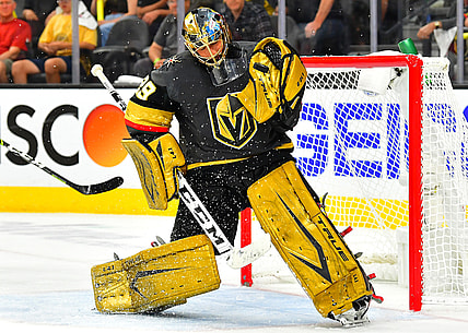 Jun 14, 2021; Las Vegas, Nevada, USA; Vegas Golden Knights goaltender Marc-Andre Fleury (29) gloves a third period shot by the Montreal Canadiens in game one of the 2021 Stanley Cup Semifinals at T-Mobile Arena. Mandatory Credit: Stephen R. Sylvanie-USA TODAY Sports