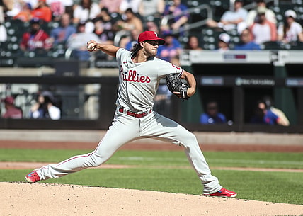 Jun 25, 2021; New York City, New York, USA;  Philadelphia Phillies pitcher Aaron Nola (27) pitches in the first inning against the New York Mets at Citi Field. Mandatory Credit: Wendell Cruz-USA TODAY Sports