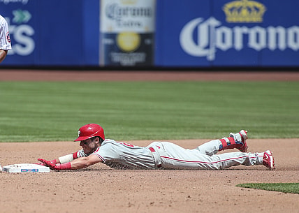 Jun 27, 2021; New York City, New York, USA; Philadelphia Phillies second baseman Nick Maton (29) slides into second base after hitting an RBI double in the third inning against the New York Mets at Citi Field. Mandatory Credit: Wendell Cruz-USA TODAY Sports