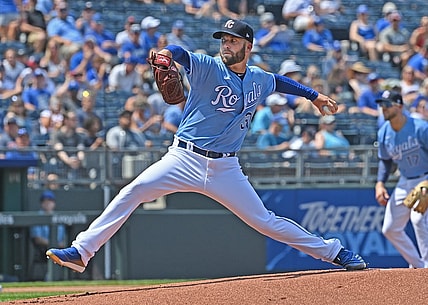 Jul 3, 2021; Kansas City, Missouri, USA; Kansas City Royals starting pitcher Danny Duffy (30) delivers a pitch during the first inning against the Minnesota Twins at Kauffman Stadium. Mandatory Credit: Peter Aiken-USA TODAY Sports