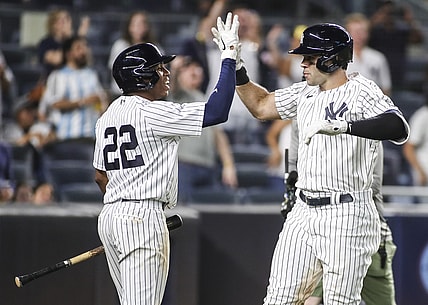 Jul 18, 2021; Bronx, New York, USA;  New York Yankees right fielder Ryan LaMarre (39) is greeted by center fielder Greg Allen (22) after hitting a two-run home run in the eighth inning against the Boston Red Sox at Yankee Stadium. Mandatory Credit: Wendell Cruz-USA TODAY Sports