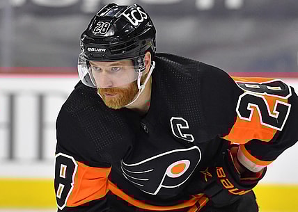 May 1, 2021; Philadelphia, Pennsylvania, USA; Philadelphia Flyers center Claude Giroux (28) against the New Jersey Devils  at Wells Fargo Center. Mandatory Credit: Eric Hartline-USA TODAY Sports