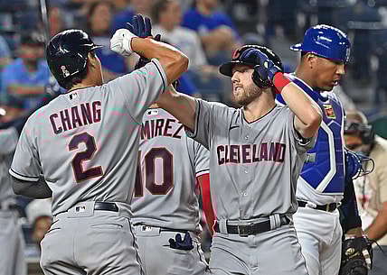 Sep 2, 2021; Kansas City, Missouri, USA;  Cleveland Indians second baseman Owen Miller (6) celebrates with Yu Chang (2) after hitting a three run home run during the fifth inning against the Kansas City Royals at Kauffman Stadium. Mandatory Credit: Peter Aiken-USA TODAY Sports