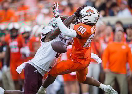 Sep 4, 2021; Stillwater, Oklahoma, USA;  Missouri State Bears safety Kyriq McDonald (6) breaks up a pass intended for Oklahoma State Cowboys wide receiver Brennan Presley (80) during the second quarter at Boone Pickens Stadium. Mandatory Credit: Brett Rojo-USA TODAY Sports