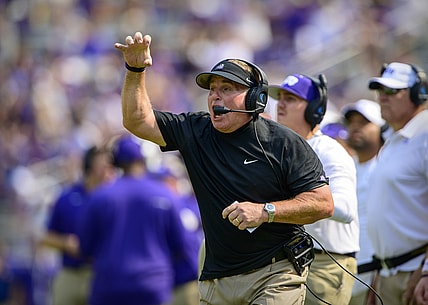 Sep 11, 2021; Fort Worth, Texas, USA; TCU Horned Frogs head coach Gary Patterson yells to his team during the first half against the California Golden Bears of the game at Amon G. Carter Stadium. Mandatory Credit: Jerome Miron-USA TODAY Sports