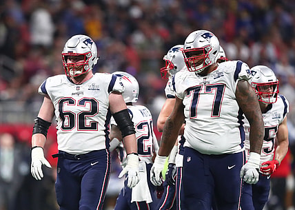 Feb 3, 2019; Atlanta, GA, USA; New England Patriots guard Joe Thuney (62) and offensive tackle Trent Brown (77) against the Los Angeles Rams in Super Bowl LIII at Mercedes-Benz Stadium. Mandatory Credit: Mark J. Rebilas-USA TODAY Sports