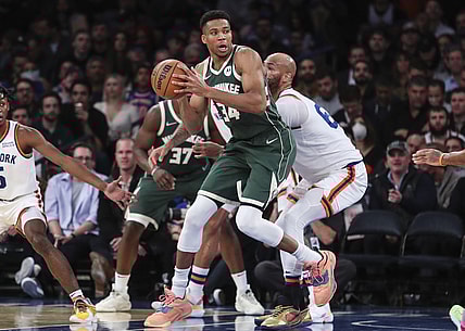 Nov 10, 2021; New York, New York, USA; Milwaukee Bucks forward Giannis Antetokounmpo (34) controls the ball in the first quarter against the New York Knicks at Madison Square Garden. Mandatory Credit: Wendell Cruz-USA TODAY Sports