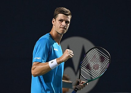 Aug 12, 2021; Toronto, Ontario, Canada;  Hubert Hurkacz of Poland reacts after winning a game against Nikoloz Basilashvili of Georgia during fourth round play in the National Bank Open at Aviva Centre. Mandatory Credit: Dan Hamilton-USA TODAY Sports