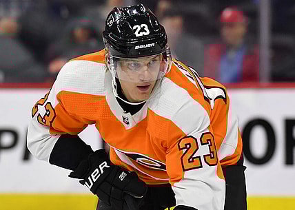 Feb 22, 2022; Philadelphia, Pennsylvania, USA; Philadelphia Flyers left wing Oskar Lindblom (23) against the St. Louis Blues at Wells Fargo Center. Mandatory Credit: Eric Hartline-USA TODAY Sports