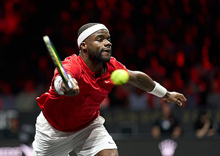 Sep 24, 2022; London, United Kingdom;Frances Tiafoe (USA) plays a shot against Novak Djokovic (SRB) in a Laver Cup singles match.  Mandatory Credit: Peter van den Berg-USA TODAY Sports