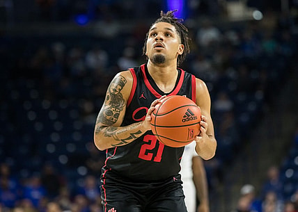 Dec 28, 2022; Tulsa, Oklahoma, USA;  Houston Cougars guard Emanuel Sharp (21) during the second half against the Tulsa Golden Hurricane at Reynolds Center. Mandatory Credit: Brett Rojo-USA TODAY Sports