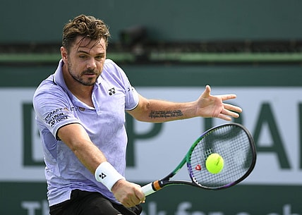 Mar 11, 2023; Indian Wells, CA, USA; Stan Wawrinka (SUI) hits a backhand during his 2nd round match against Miormir Kecmanovic (SRB) (not pictured) during the BNP Paribas Open at Indian Wells Tennis Garden. Mandatory Credit: Jonathan Hui-USA TODAY Sports