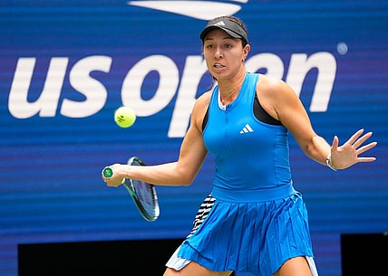 Aug 29, 2023; Flushing, NY, USA;  Jessica Pegula of the USA hits to Camila Giorgi of Italy on day two of the 2023 U.S. Open tennis tournament at USTA Billie Jean King National Tennis Center.Mandatory Credit: Robert Deutsch-USA TODAY Sports