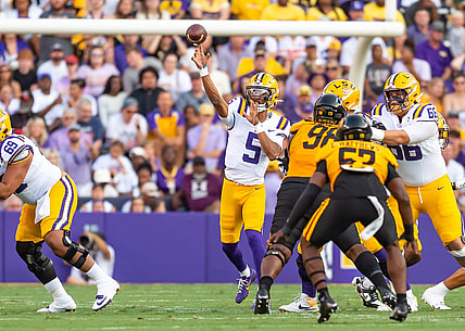Tigers Quarterback Jayden Daniels 5 throws a pass as the LSU Tigers take on Grambling State at Tiger Stadium in Baton Rouge, Louisiana, Saturday, Sept. 9, 2023.