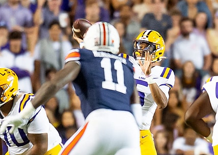 LSU quarterback Jayden Daniels 5 throws a pass as the LSU Tigers take on the Auburn Tigers at Tiger Stadium in Baton Rouge, Louisiana, Saturday, Oct. 14, 2023.