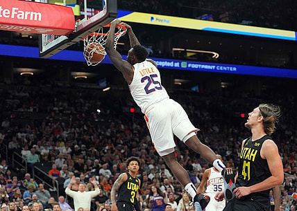 Oct 28, 2023; Phoenix, Arizona, USA; Phoenix Suns forward Nassir Little (25) dunks against the Utah Jazz during the second half at Footprint Center. Mandatory Credit: Joe Camporeale-USA TODAY Sports