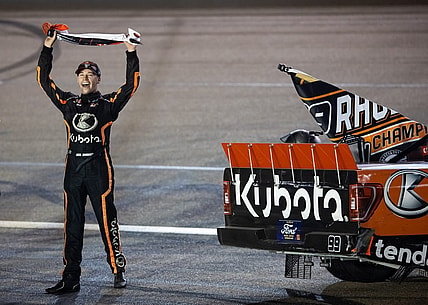 Nov 3, 2023; Avondale, Arizona, USA; NASCAR Truck Series driver Ben Rhodes celebrates after winning the Truck Series Championship during the Championship Race at Phoenix Raceway. Mandatory Credit: Mark J. Rebilas-USA TODAY Sports