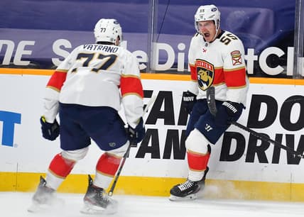 Mar 6, 2021; Nashville, Tennessee, USA; Florida Panthers center Noel Acciari (55) celebrates with center Frank Vatrano (77) after a second period goal against the Nashville Predators at Bridgestone Arena. Mandatory Credit: Christopher Hanewinckel-USA TODAY Sports