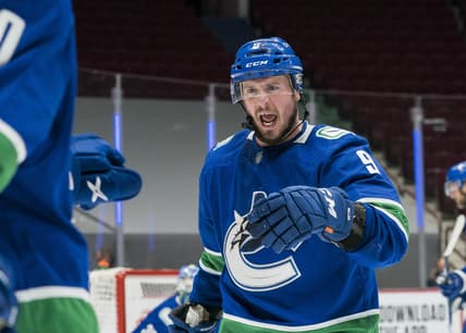 Mar 13, 2021; Vancouver, British Columbia, CAN; Vancouver Canucks forward J.T. Miller (9) celebrates the Canucks victory against the Edmonton Oilers in the third period at Rogers Arena.Canucks won 2-1.  Mandatory Credit: Bob Frid-USA TODAY Sports