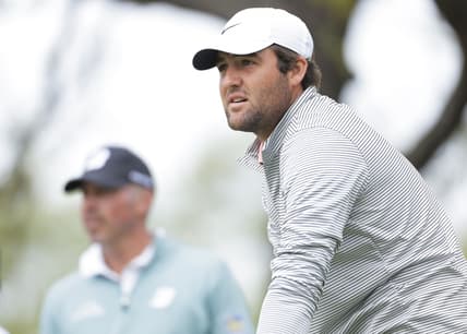 Mar 28, 2021; Austin, Texas, USA; Scottie Scheffler and Matt Kuchar on #10 tee box in the semifinal match of the final day of the WGC Dell Technologies Match Play golf tournament at Austin Country Club. Mandatory Credit: Erich Schlegel-USA TODAY Sports