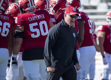 Oct 16, 2021; Bloomington, Indiana, USA; Indiana Hoosiers head coach Tom Allen yells to pump up. His team during warmups before the match against the Michigan State Spartans at Memorial Stadium. Mandatory Credit: Marc Lebryk-USA TODAY Sports