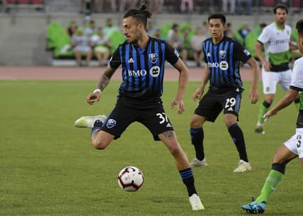 Jul 10, 2019; Toronto, Ontario, CAN;   Montreal Impact forward Maxi Urruti (37) controls a pass to midfielder Mathieu Choiniere (29) against York 9 in the second half of a Canadian Championship soccer match at York Lions Stadium. Mandatory Credit: Dan Hamilton-USA TODAY Sports for CPL