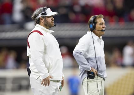 Jan 10, 2022; Indianapolis, IN, USA; Alabama Crimson Tide defensive coordinator Pete Golding (left) alongside head coach Nick Saban against the Georgia Bulldogs in the 2022 CFP college football national championship game at Lucas Oil Stadium. Mandatory Credit: Mark J. Rebilas-USA TODAY Sports