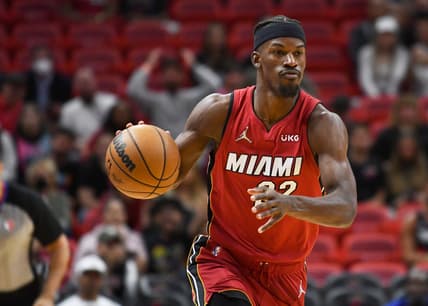 Mar 7, 2022; Miami, Florida, USA; Miami Heat forward Jimmy Butler (22) brings the ball up the court against the Houston Rockets during the first half at FTX Arena. Mandatory Credit: Jim Rassol-USA TODAY Sports