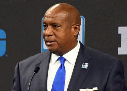 Jul 26, 2022; Indianapolis, IN, USA;  Big Ten commissioner Kevin Warren talks to the media during Big 10 football media days at Lucas Oil Stadium. Mandatory Credit: Robert Goddin-USA TODAY Sports