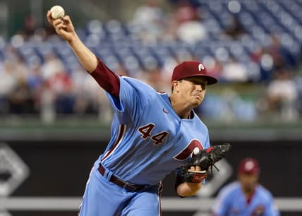 Sep 8, 2022; Philadelphia, Pennsylvania, USA; Philadelphia Phillies starting pitcher Kyle Gibson (44) throws a pitch during the first inning against the Miami Marlins at Citizens Bank Park. Mandatory Credit: Bill Streicher-USA TODAY Sports