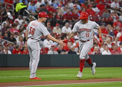 Sep 15, 2022; St. Louis, Missouri, USA;  Cincinnati Reds center fielder Nick Senzel (15) is congratulated by third base J.R. House (56) after hitting a solo home run against the St. Louis Cardinals during the second inning at Busch Stadium. Mandatory Credit: Jeff Curry-USA TODAY Sports