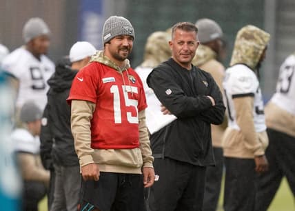 Nov 1, 2019; London, United Kingdom; Jacksonville Jaguars quarterback Gardner Minshew (15) and offensive coordinatorr John DeFilippo during practice at Allianz Park. Mandatory Credit: Kirby Lee-USA TODAY Sports