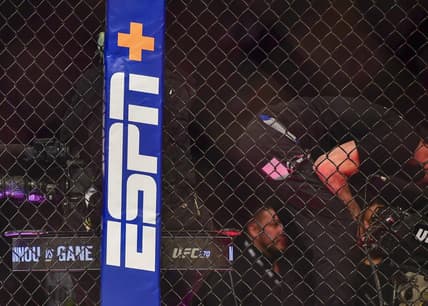 Jan 22, 2022; Anaheim, California, USA; A view of the ESPN logo before UFC 270 at Honda Center. Mandatory Credit: Gary A. Vasquez-USA TODAY Sports