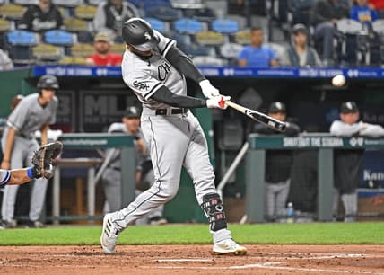May 9, 2023; Kansas City, Missouri, USA;  Chicago White Sox center fielder Luis Robert Jr. (88) hits a solo home run during the fourth inning against the Kansas City Royals at Kauffman Stadium. Mandatory Credit: Peter Aiken-USA TODAY Sports