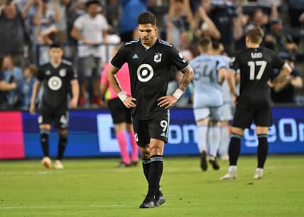 May 13, 2023; Kansas City, Kansas, USA;  Minnesota United forward Luis Amarilla (9) reacts after Sporting Kansas City scores a goal in the second half at Children's Mercy Park. Mandatory Credit: Peter Aiken-USA TODAY Sports