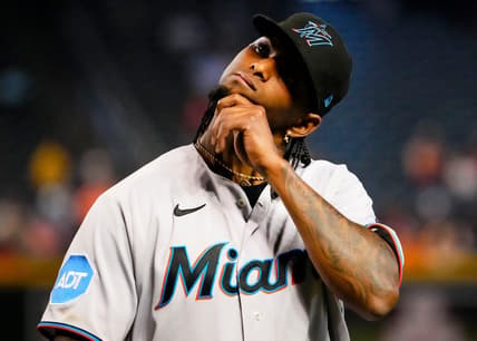 Miami Marlins starting pitcher Edward Cabrera (27) reacts after leaving the game against the Arizona Diamondbacks in the fourth inning at Chase Field in Phoenix on May 10, 2023.