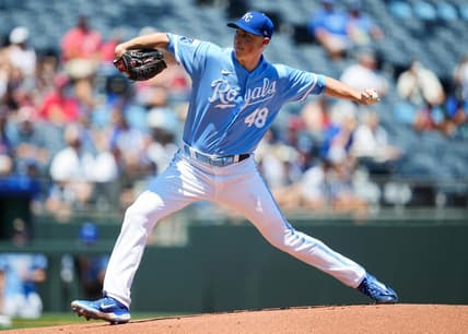 Jul 30, 2023; Kansas City, Missouri, USA; Kansas City Royals starting pitcher Ryan Yarbrough (48) pitches during the first inning against the Minnesota Twins at Kauffman Stadium. Mandatory Credit: Jay Biggerstaff-USA TODAY Sports