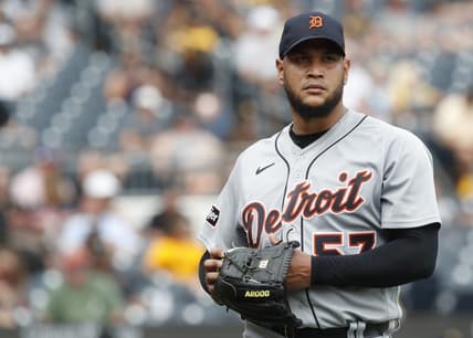 Aug 2, 2023; Pittsburgh, Pennsylvania, USA;  Detroit Tigers starting pitcher Eduardo Rodriguez (57) exits the field after pitching six innings against the Pittsburgh Pirates at PNC Park. Detroit won 6-3. Mandatory Credit: Charles LeClaire-USA TODAY Sports