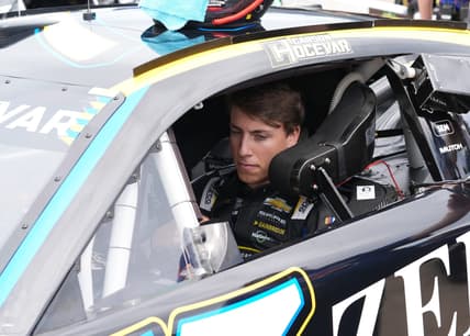 Carson Hocevar sits in his car during Saturday's practice for the FireKeepers Casino 400 at Michigan International Speedway.