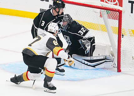 Mar 19, 2021; Los Angeles, California, USA; Vegas Golden Knights left wing Max Pacioretty (67) puts the puck in the back of the net as he beats Los Angeles Kings goaltender Jonathan Quick (32) during the first period at Staples Center. Mandatory Credit: Robert Hanashiro-USA TODAY Sports