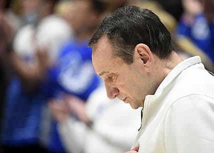 Mar 5, 2022; Durham, North Carolina, USA; Duke Blue Devils head coach Mike Krzyzewski bows his head during the national anthem prior to a game against the North Carolina Tar Heels at Cameron Indoor Stadium. Mandatory Credit: Rob Kinnan-USA TODAY Sports