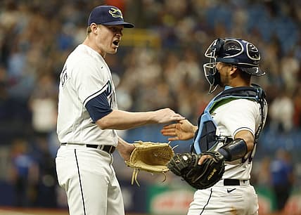 Jul 30, 2022; St. Petersburg, Florida, USA; Tampa Bay Rays relief pitcher Pete Fairbanks (29) and catcher Rene Pinto (50) celebrate as they beat the Cleveland Guardians at Tropicana Field. Mandatory Credit: Kim Klement-USA TODAY Sports