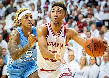 Indiana's Trayce Jackson-Davis (23)  drives past North Carolina's Armando Bacot (5) during the Indiana versus North Carolina men's basketball game at Simon Skjodt Assembly Hall on Wednesday, Nov. 30, 2022.

Iu Nc 1h Tjd 6